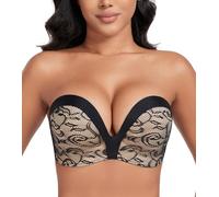 DotVol Soutien-Gorge pour Femmes sans Bretelles Push Up Dos Nu rembourré Deep V Convertible Grande Taille Confort Quotidien décontracté Fleurs Noir 100E