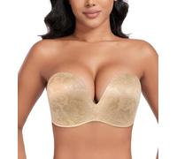 DotVol Soutien-Gorge pour Femmes sans Bretelles Push Up Dos Nu rembourré Deep V Convertible Grande Taille Confort Quotidien décontracté Fleurs Beige 95B