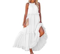 Dotwites Robe d'été sans manches dos nu pour femme, robe longue plissée fluide à volants, blanc, XL