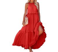 Dotwites Robe d'été sans manches dos nu pour femme, robe longue plissée fluide à volants, Rouge, S