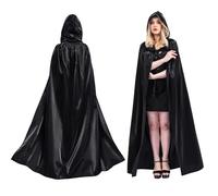 Dou-Mi Cape à Capuche Halloween,Cape Noire Costume de Vampire médiéval pour Les Femmes,Cape Capuche Costume Manteau Satin Carnaval Hommes(L)