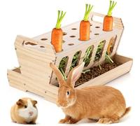 DOUBFIVSY Râtelier à Foin pour Rongeurs, Distributeur de Foin en Bois Grande Capacité pour Lapins, Cochons d’Inde, Mangeoire Autonome avec Râtelier à Carottes (Bois Naturel Non Traité 30x22x18 cm)