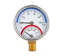 Double affichage de la pression de l'eau et de la température 0-10 bar 0-120 C pour système de chauffage au sol, maison en acier au carbone avec connexion en laiton, 60 mm (1/4)