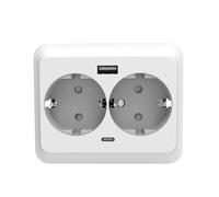 Double base encastrable 16 A 250 V avec prise T et ports USB A et B, parfaite pour charger des appareils électroniques et optimiser la connectivité dans n'importe quel espace.