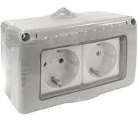Double base étanche Schuko IP55, 10 A 250 V, idéale pour l'extérieur, protection contre l'eau et la poussière, parfaite pour les équipements électriques et une connexion sécurisée.