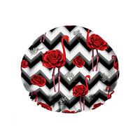 Double bonnet de bain imperméable à l'eau avec lignes en zigzag noir Roses rouges Eautiful Flamingo Animal Réutilisable Mode Chapeau de douche pour femme Beauté, BathHair Spa, Home Hotel Travel Use