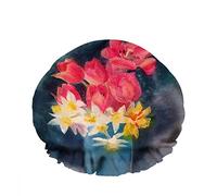 Double bonnet de douche imperméable à l'eau beau bouquet de printemps jonquilles tulipes bleu vase réutilisable mode chapeau de douche pour femme beauté, bain cheveux spa, maison hôtel voyage utilis