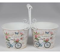Double Cache-pot Métal Anse Bois Imprimer Bac à Fleurs Boîte à Plantes Décoration Jardin