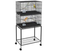 Double Cage À Oiseaux Sur Roulettes - Étagère, Plateau Déjection, 4 Perchoirs, 4 Mangeoirs, Poignée - Dim. 77l X 46l X 164h Cm Acier Noir