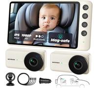 Double caméra magnétique pour bébé pour deux enfants, écran IPS 1080p avec support magnétique, 3 modes (zoom/miroir/séparation), vision nocturne automatique, caméra de voiture alimentée par USB pour