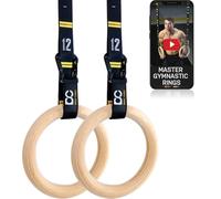 Double Circle Anneaux de Gymnastique en Bois avec Sangles numérotées à réglage Rapide et Guide vidéo d'exercices pour entraînement Complet du Corps, Gymnastique et Gymnastique à Domicile (Anneaux de
