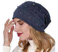 Double couche en coton percé à chaud avec perles pour femme - Chapeau d'hiver chaud tricoté en laine - Chapeau de ski - Chapeau de soleil - Chapeau fou - Olive, bleu marine, Taille unique