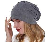 Double couche en coton percé à chaud avec perles pour femme - Chapeau d'hiver chaud tricoté en laine - Chapeau de ski - Chapeau de soleil - Chapeau fou - Olive, gris, Taille unique