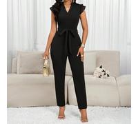 Double couche petites manches volantes, dentelle plissée, combinaison longue noire ajustée pour femmes, élégante pour soirée, décontractée pour le quotidien, bureau. Robe de bureau décontractée pour f