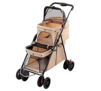 Double Couche Poussette pour Chien Chat Animaux, Animaux Voyage Poussette, Pliable Chien Chat À Quatre Roues Chariot/Landau Jogger/Poussette Buggy-67 * 50 * 95cm-Couleur café au lait
