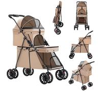 Double Couche Poussette pour Chien Chat Animaux, Animaux Voyage Poussette, Pliable Chien Chat À Quatre Roues Chariot/Landau Jogger/Poussette Buggy-67 * 50 * 95cm-Couleur café au lait