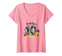 Double Digits in Paradise : Cadeau d'anniversaire pour 10 Ans à Hawaï T-Shirt avec Col en V, Femme, Rose, L