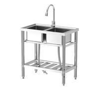 Double évier autonome en acier inoxydable 304 pour buanderie et cuisine - Robinet amovible d'eau chaude et froide - Polyvalent et durable - Parfait pour un usage commercial et domestique - 33 x 18 x