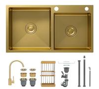 Double évier en acier inoxydable - 80 x 45 cm - Filtre à déchets - Doré - Avec kit de vidange - Panier de vidange rétractable - Parfait pour un bar ou une utilisation en extérieur