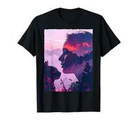 Double Exposition Femme Chat Montagne Soleil couchant Art T-Shirt