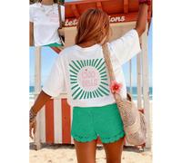 [Double-Face Impression] Top ample style vintage pour femmes, avec motif de rayonnement et impression "Ciao Bella", manches courtes, col rond, blanc décontracté pour l'été L,M,S,XLGéométrique,Lettres,