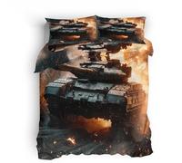 Double FaceHousse de Couette 220x240 cm Réservoir Guerre Confort Parure de Lit Set + 2 Taies d'oreiller 50x75 cm Literie avec Fermeture éclair Sangles d'angle Fixes