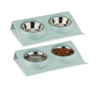 Relaxdays Support surélevé Double gamelle, Lot de 2, Bol pour Chat, Chien, HxLxP : 6,5 x 29 x 19 cm, Bleu/argenté