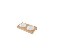 Double gamelles en céramique avec support en bambou - Blanc et beige - D 12 x L 29,5 x l 14 cm Blanc