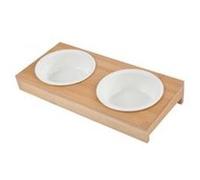 Double gamelles en céramique avec support en bambou - Blanc et beige - D 12 x L 29,5 x l 14 cm Blanc G
