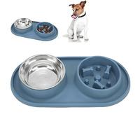 Double gamelles pour Chiens et Chats, Tapis en Silicone Vert avec Bol à Alimentation Lente et Plat d'eau en Acier Inoxydable, Station d'alimentation Pliable pour Animaux de (Blue)