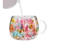 Double Glass Cups - 250ML Colorful Petals Glassware, Dried Flower Insulated Cup for Refreshment, Drinkware Item, Beverage Gear with Handle, Petal Infused Glass Piece for Sipping and Serving Drinks