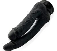 Double gode réaliste noir 24 cm silicone souple deux extrémités 18×3,3 cm et 14×3,9 cm ventouse puissante sextoy anal vaginal double pénétration gode XXL pour femmes couples FOPS D27