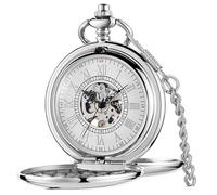 Double Hunter Montre de Poche mécanique à Double Ouverture à la Main Montre à Gousset élégante Boîtier argenté Montres et Coffret Cadeau pour Homme et Femme