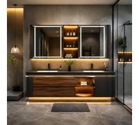 Double lavabo flottant de 198,1 cm avec miroir LED | Bois massif imperméable | Ample Sto | Design moderne sans couture | Fourrure de salle de bain