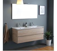 DOUBLE LAVABO MURAL MEUBLE DE SALLE DE BAIN AVEC TIROIRS CHÊNE NATUREL 120CM BERLIN