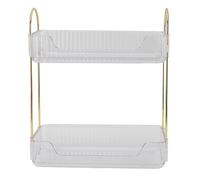Double Layer Makeup Stand, 2 Tier Makeup Shelf Organizer, Modern Light Luxury Storage Rack for Brushes Eyeshadow Lotions Lipstick Nail Polish Jewelry, Iron and PP Material with Lar (Blanc transparent)