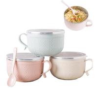 Double-Layer Stainless Steel Bowls,27 Oz Insulated Serving Bowls,Heat & Cold Resistant Instant Noodle Bowl with Lid and Spoon for Soup,Cereal,Salad,Kitchen,Dining,and Outdoor Use (Blue+Beige+Pink)