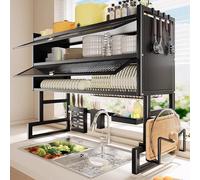 Double Layered Kitchen Dish Drying Rack, Space Saving Drainer Rack for Kitchen Counter with Hooks, Large Capacity Dish Racks for Sink Over Shelf, with Knife Cutting Board Holder.(65cm)