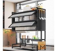 Double Layered Space Saving Drainer Rack with Hooks for Kitchen, Dish Drying Rack for Kitchen Counter, Large Capacity Dish Racks for Sink Over Shelf, with Knife Cutting Board Holder.(65cm)