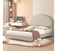 Double Lit Capitonné (140x200 Cm) en Velours Teddy Avec Tête De Lit Cintrée Et Sommier À Lattes