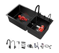 Double Noir Évier de Cuisine 2 Bacs Inox un Distributeur de Distributeur de savon Avec robinet extractible et robinet purificateur d'eau, accessoires pour évier de cuisine (Noir, 72 * 40CM)