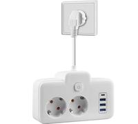 Double Plug for Socket, Power Strip, multiprise 2 Prises avec USB, Double Prise pour Prise avec Interrupteur, Distribution Socket Wall Mounted avec 3 USB A et 1 USB C, PD 20 W - Blanc
