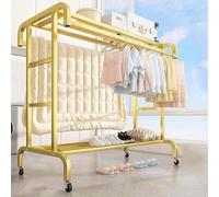 Double portant à vêtements autonome avec roulettes, porte-manteau 4 en 1, étagères à 2 niveaux et rangement à chaussures, cintre multifonction en métal pour chambre à coucher, finition dorée (150 cm)