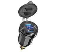 Double QC3.0 Prise USB DIN Chargeur pour Moto, Qidoe Aluminium Prise DIN Adaptateur avec Voltmètre LED et Interrupteur pour 12 V/24 V Moto BWM Ducati Triumph et Autres Moto de Style Europ