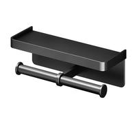 Double Roll Toilet Paper Holder - Aluminum 17x9x8cm | Wall Mounted Tissue Rack with Mobile Phone Shelf | Decorative Bathroom Storage Organizer with Adhesive Installation for Modern Home Use