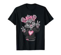 Double Signe de Paix Motif Chat Gris Kawaii Pop Graphique ludique T-Shirt