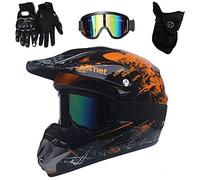 Double Sport MTB Casque Motocross, avec Lunettes Masque Gants, Jeunesse Intégral Hors Route Ville Rue Courses Moto Casque, Descente Enduro VTT BMX Quad Dirt Bike Accident Casque(Orange,M/54-55CM)