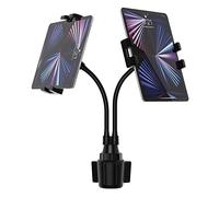 Double Support Tablette Porte Gobelet Voiture avec Bras Métallique Flexible | Support Tablette Voiture Tasse avec Col de Cygne pour iPad Pro Air Mini, Galaxy Tabs, iPhone, Téléphones Tablettes 4-13"