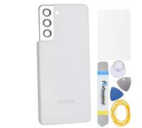 Double Sure Coque arrière de rechange en plastique blanc pour Samsung Galaxy S21 5G SM-G991B avec cadre d'objectif arrière, adhésif prédécoupé et kit d'outils