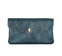 Double Tree | Porte-Monnaie Cartes Femme Mi-Long Compact Cuir Bleu Pétrole | Format enveloppe élégant | Style italien raffiné | Finition brillante effet nacré et métallisée | Mode tendance